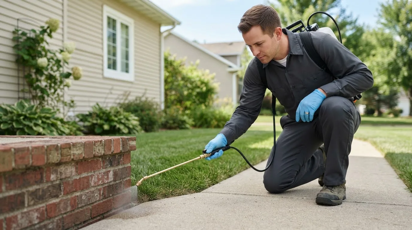 Pest control technician treating a home near Geneseo, KS
