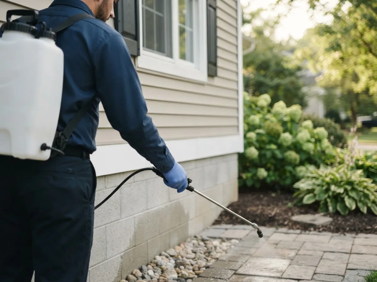 Pest control technician inspecting a home in Geneseo, KS